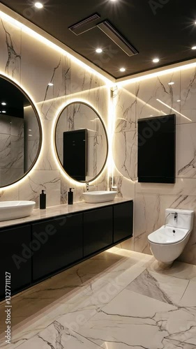 Elegant modern bathroom design featuring marble finishes and stylish lighting