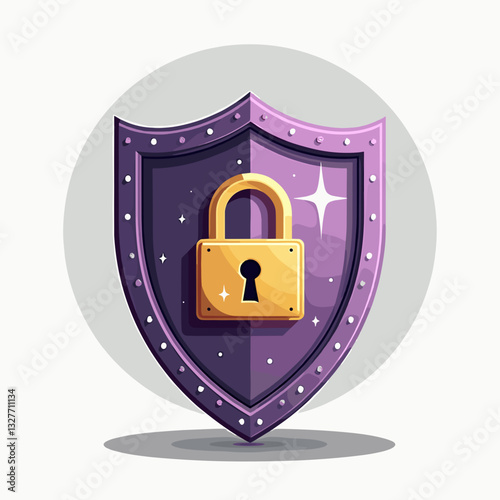 Purple shield with golden lock against geometric circles, security concept