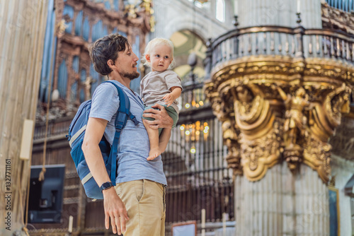 Father and his son tourists exploring the Metropolitan Cathedral in Mexico City. Woman admiring the architecture and history of Mexico's iconic landmark. Concept of cultural heritage, religious