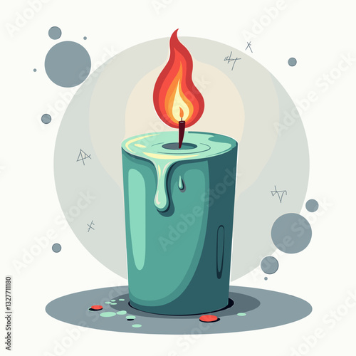 Teal candle with red flame melting on gray background, modern design