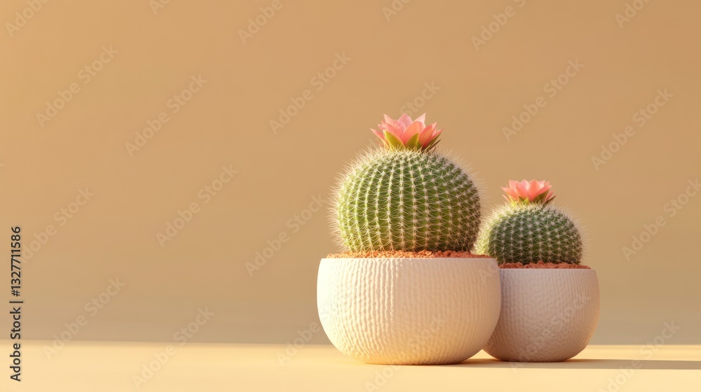 Charming Cacti in White Pots with Pink Flowers Against a Soft Beige Background Charming Cacti in White Pots with Pink Flowers Against a Soft Beige Background