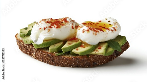 Gourmet Avocado Toast with Poached Eggs and Spices on Whole Grain Bread, Perfectly Plated for a Delicious Breakfast Experience.