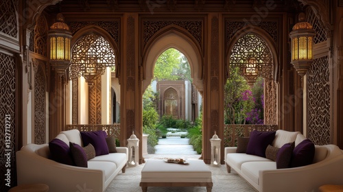 A traditional Arabic-style living room with intricate wooden arches and detailed carvings on the walls