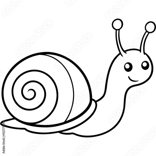 a cute illustration of a snail with spiral shell smiling. It is depicted in black and white, giving it a simplistic appearance