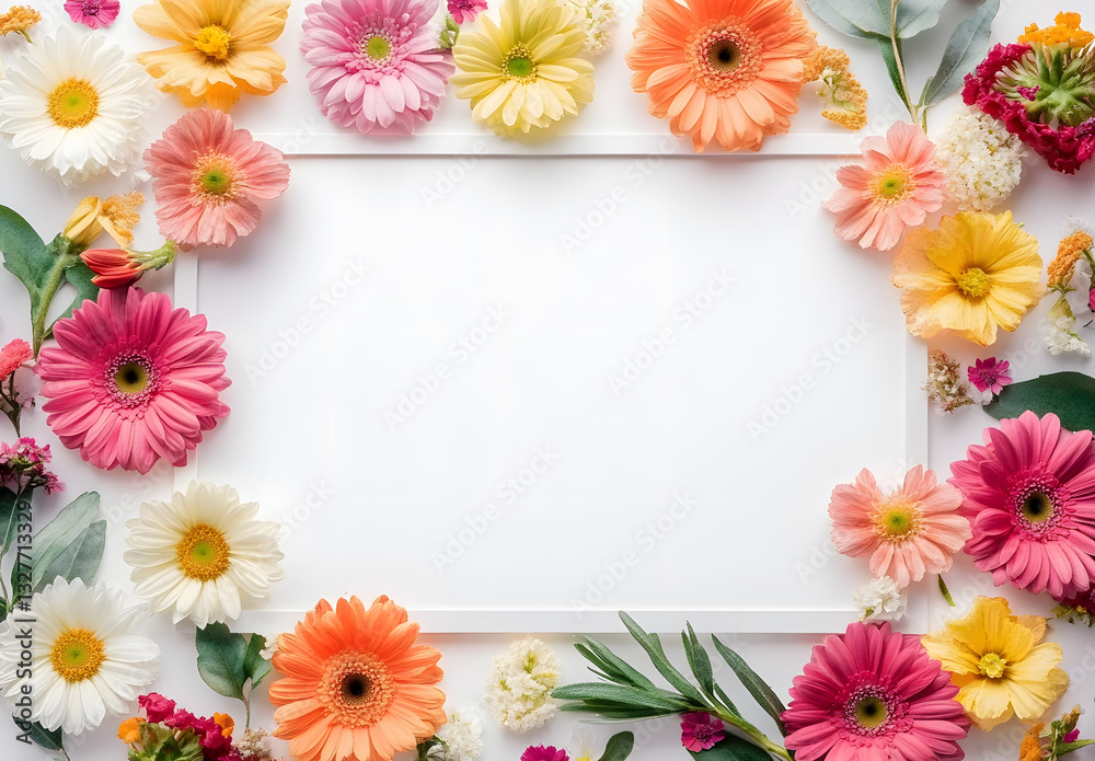 Frame with colorful flowers on clear white background Greeting card design for holiday Mothers day E Frame with colorful flowers on clear white background Greeting card design for holiday Mothers day E