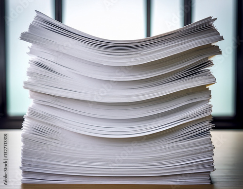 A cascading tower of stacked white printer paper sheets forming a minimalist geometric design