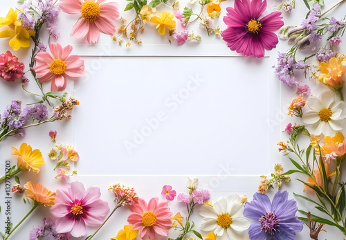 Frame with colorful flowers on clear white background Greeting card design for holiday Mothers day E