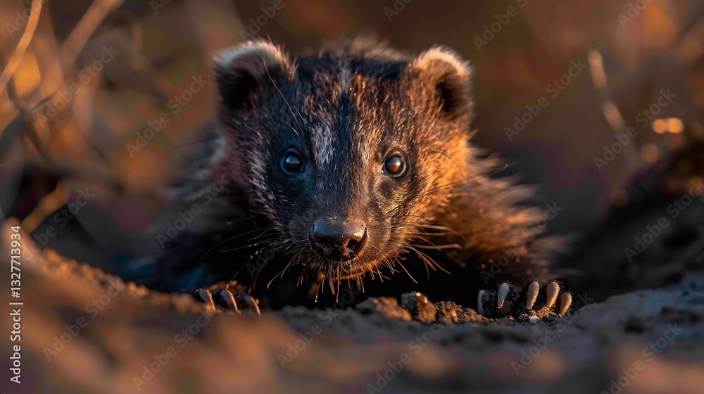 Close up of resilient honey badger sharp claws thick coarse fur and fierce eyes A dry bushland background enhances its indomitable spirit Close up of resilient honey badger sharp claws thick coarse fur and fierce eyes A dry bushland background enhances its indomitable spirit