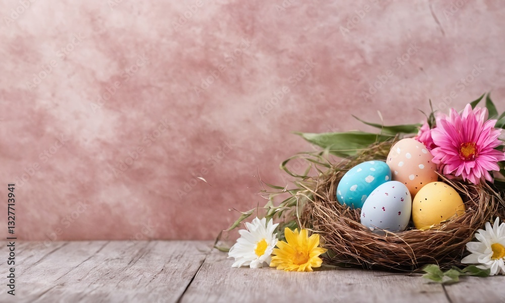 Colorful Easter eggs nestled in a rustic nest surrounded by vibrant flowers on a wooden table