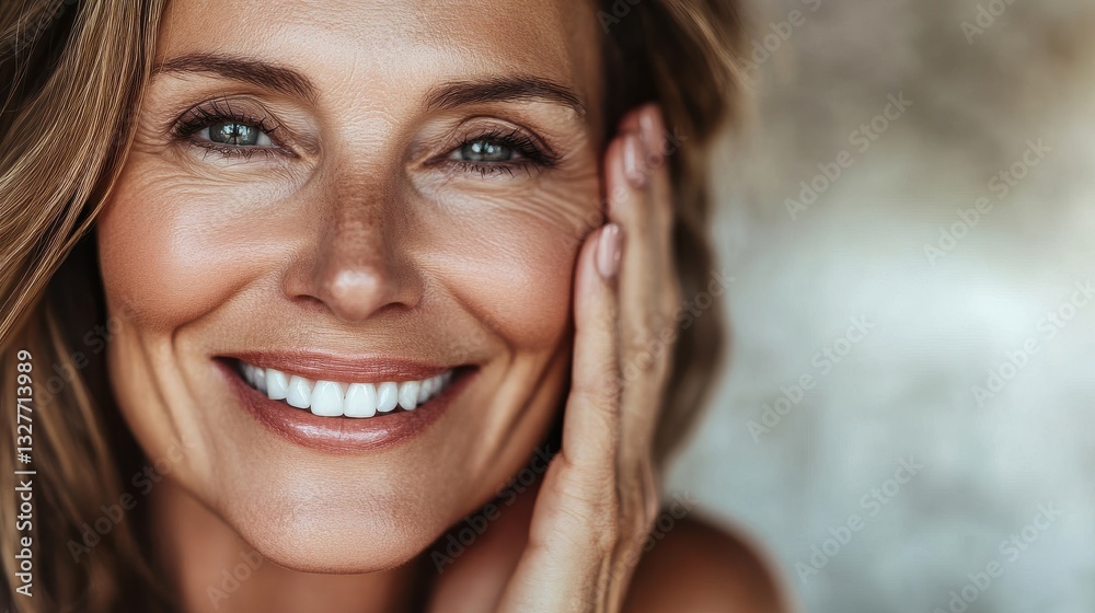 Beauty portrait of mature woman smiling with hand on face. Closeup face of happy senior woman feeling fresh after anti-aging treatment. Smiling beauty looking at camera with perfect skin. Beauty portrait of mature woman smiling with hand on face. Closeup face of happy senior woman feeling fresh after anti-aging treatment. Smiling beauty looking at camera with perfect skin.