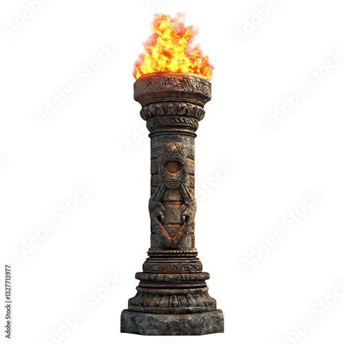Burning Torch at Ancient Temple Entrance Isolated on Transparent Background