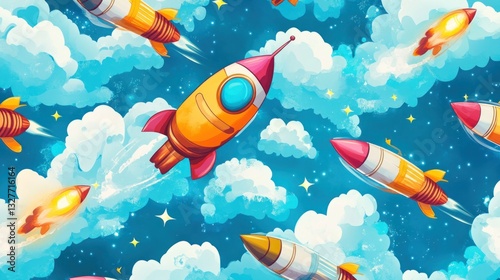 Cartoon rockets flying through clouds in a night sky pattern.