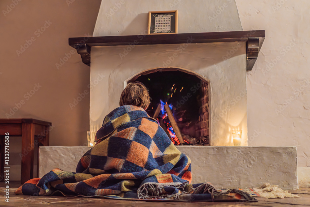 Boy by the fireplace during cozy winter evening. Warm and peaceful family moment indoors. Togetherness, love, and relaxation concept. A warm and inviting scene featuring a lit fireplace with glowing