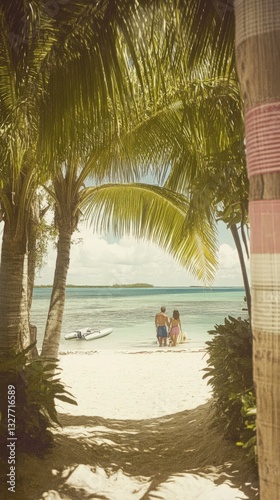 Couple Relaxing on a Tropical Beach, Palm Trees and Tranquil Scene