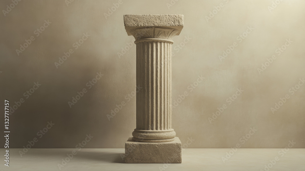 A 3D-rendered sandstone column pillar resembling an ancient archaeological site, designed as a rugged yet elegant product display stand for fashion, cosmetics, or skincare A 3D-rendered sandstone column pillar resembling an ancient archaeological site, designed as a rugged yet elegant product display stand for fashion, cosmetics, or skincare