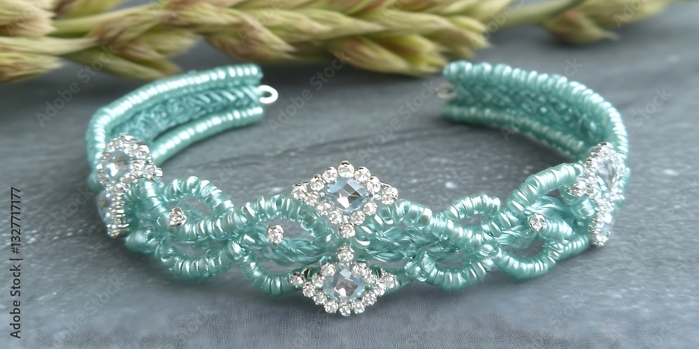 Fototapeta premium Exquisite Handmade Macrame Bracelet Adorned with Sparkling Crystal Elements