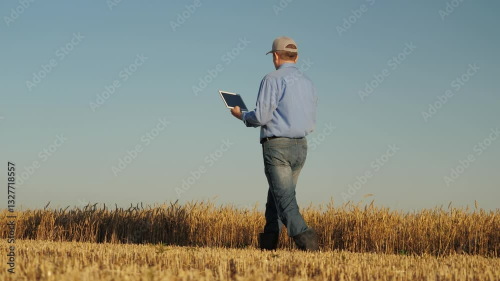 man wearing blue shirt jeans walking through field. He holding tablet hand, sustainable farming, Enhancing wheat yield with data-driven insights, Innovative farming tablet technology, Monitoring crop man wearing blue shirt jeans walking through field. He holding tablet hand, sustainable farming, Enhancing wheat yield with data-driven insights, Innovative farming tablet technology, Monitoring crop