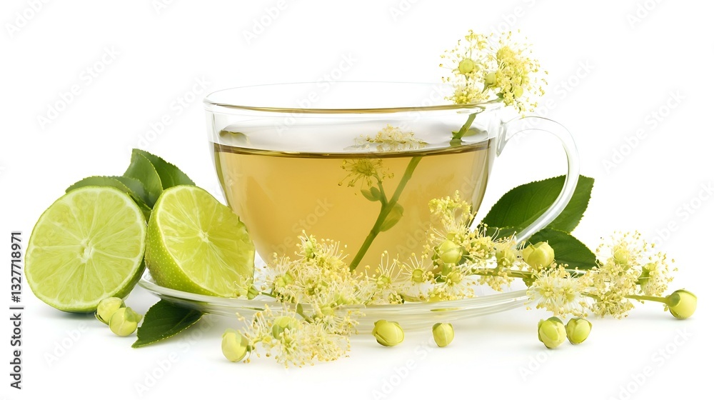 Tea from Linden flowers in glass cup with flower