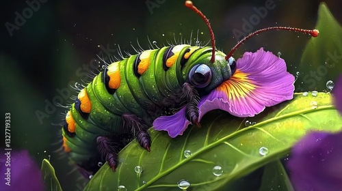   Close-up of caterpillar on leaf with water droplets on its backside
