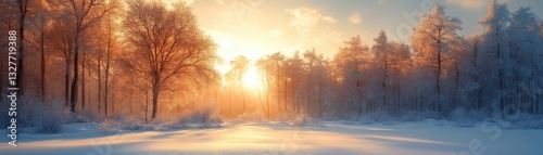 a serene winter landscape with snow-covered trees illuminated by the warm glow of sunrise. A picturesque view of a snow-covered forest illuminated by the sun