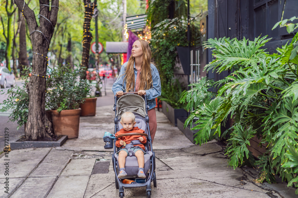 Mother with her son exploring lush streets of Condesa, Mexico City. Family adventure in a vibrant urban oasis. Travel, family bonding, and urban greenery concept in Latin America