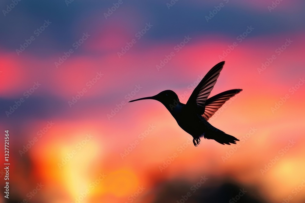 Fototapeta premium A hummingbird hovers mid-flight against a stunning sunset, silhouetted against the vibrant sky, The enchanting silhouette of a hummingbird against a colorful sunset sky