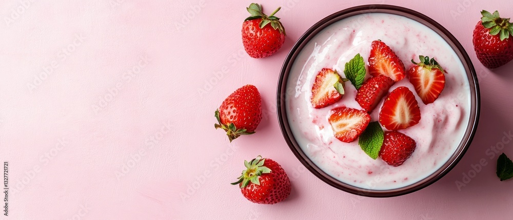Bowl of Strawberry Yogurt with Fresh Mint on Pink Background Bowl of Strawberry Yogurt with Fresh Mint on Pink Background