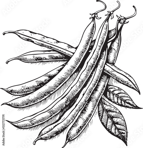 Green beans Vegetable Black and White Vector Illustration, Sketch Drawing Line Linear Engraving, Hand-drawn Isolated