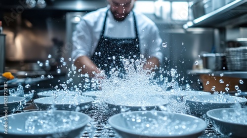 Fototapeta Naklejka Na Ścianę i Meble -  Chef washing dishes with water splashing in a restaurant kitchen.