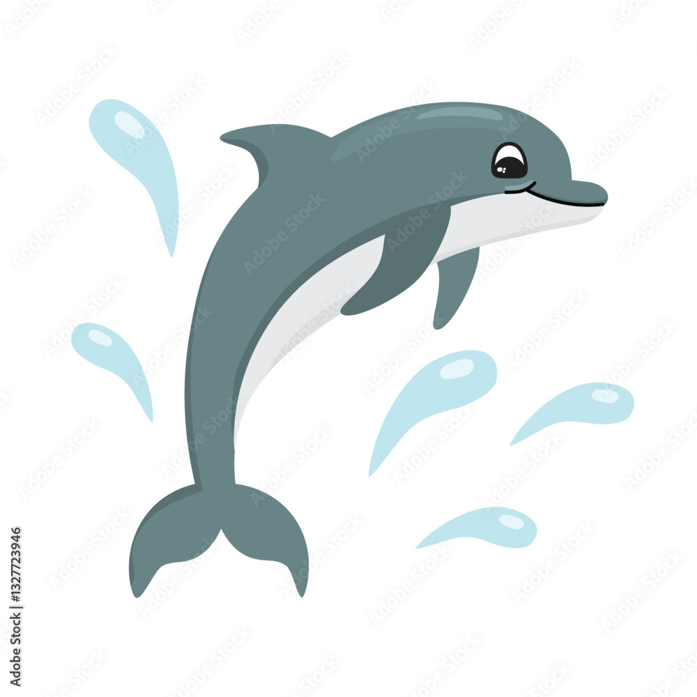 Obraz premium Cute cartoon dolphin with water splashes. Sea animal character on white background. Blue and grey colors. Vector design for use in card, banner, stickers. Print on fabric and paper. Flat illustration