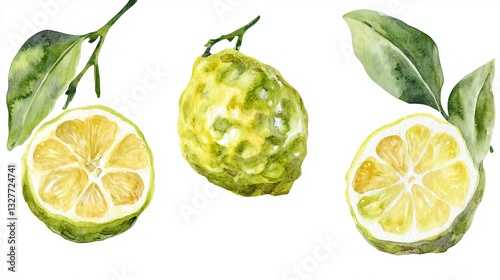 Bergamot fruit painted in watercolor. A single image, separate from any background.