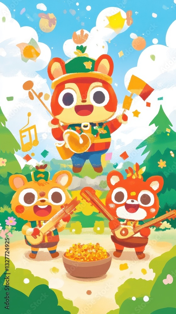 Three anthropomorphic animals playing musical instruments outdoors in a happy scene Three anthropomorphic animals playing musical instruments outdoors in a happy scene