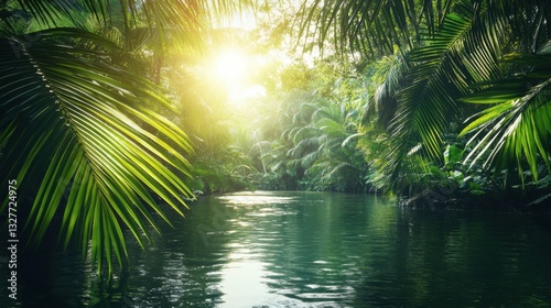Bright Tropical River with Lush Vegetation and Sunlight