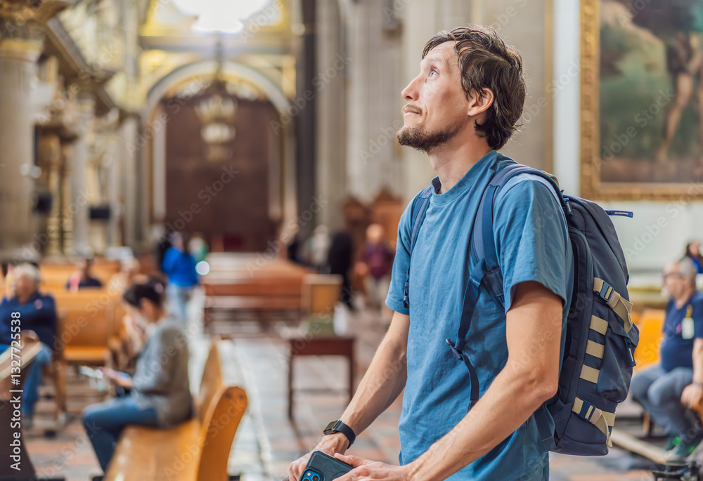 Man tourist exploring the grandeur of Catedral de Puebla, Mexico. Captivating architecture, cultural heritage, and a historic travel experience in one of Mexico's iconic landmarks