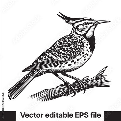 Western meadowlark silhouette, Meadowlark Bird Clipart, Western meadowlark landing on branch Illustration in black and white