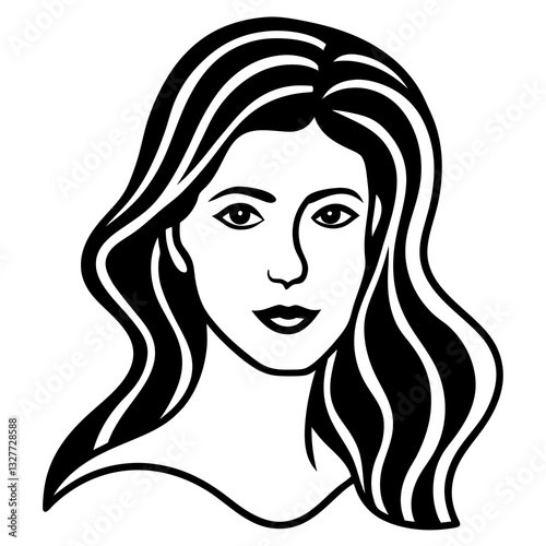 Stylish outline of a young woman with flowing hair, perfect for coloring, on a white background with copy space