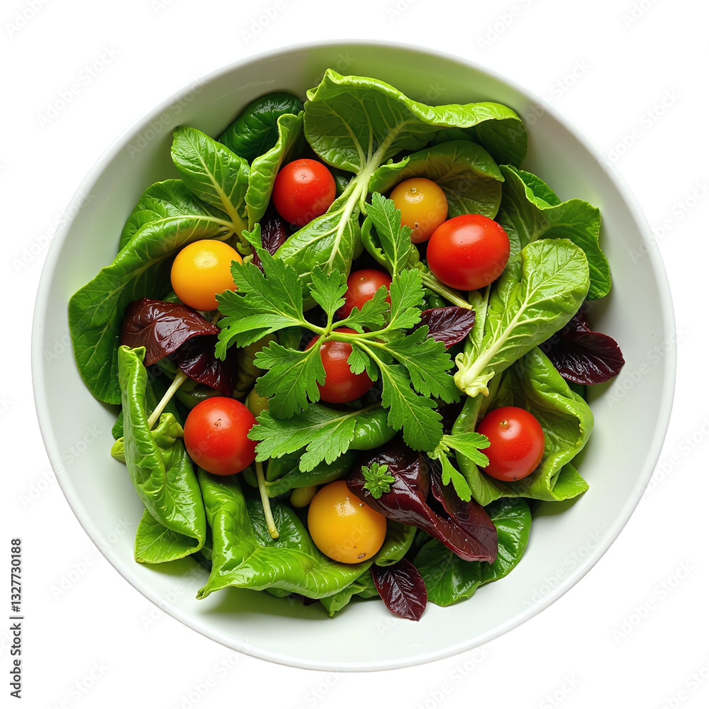 Overhead shot of a fresh, vibrant salad with various lettuces, cherry tomatoes, and parsley in a white bowl, isolated on black background. Overhead shot of a fresh, vibrant salad with various lettuces, cherry tomatoes, and parsley in a white bowl, isolated on black background.