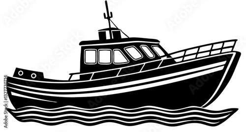 boat black silhouette vector, Simple silhouette Design vector icon with white background. Water transportation vector illustration 