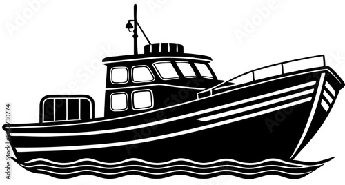 boat black silhouette vector, Simple silhouette Design vector icon with white background. Water transportation vector illustration 