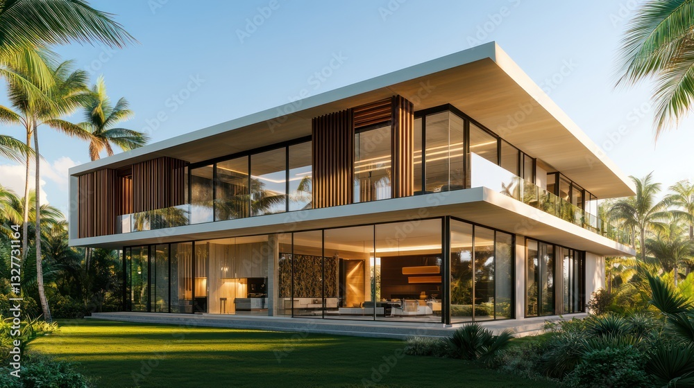 A contemporary villa designed with large glass windows and natural wooden slats that enhance the minimalist architecture A contemporary villa designed with large glass windows and natural wooden slats that enhance the minimalist architecture