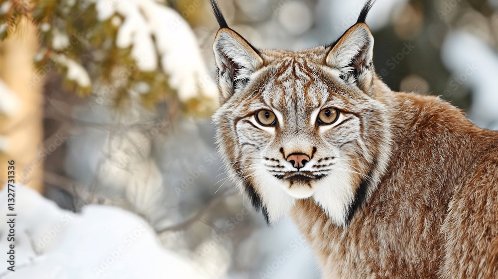 Close up of wild lynx with tufted ears piercing eyes and a thick winter coat A snowy forest background enhances the stealth and beauty of this elusive feline Close up of wild lynx with tufted ears piercing eyes and a thick winter coat A snowy forest background enhances the stealth and beauty of this elusive feline