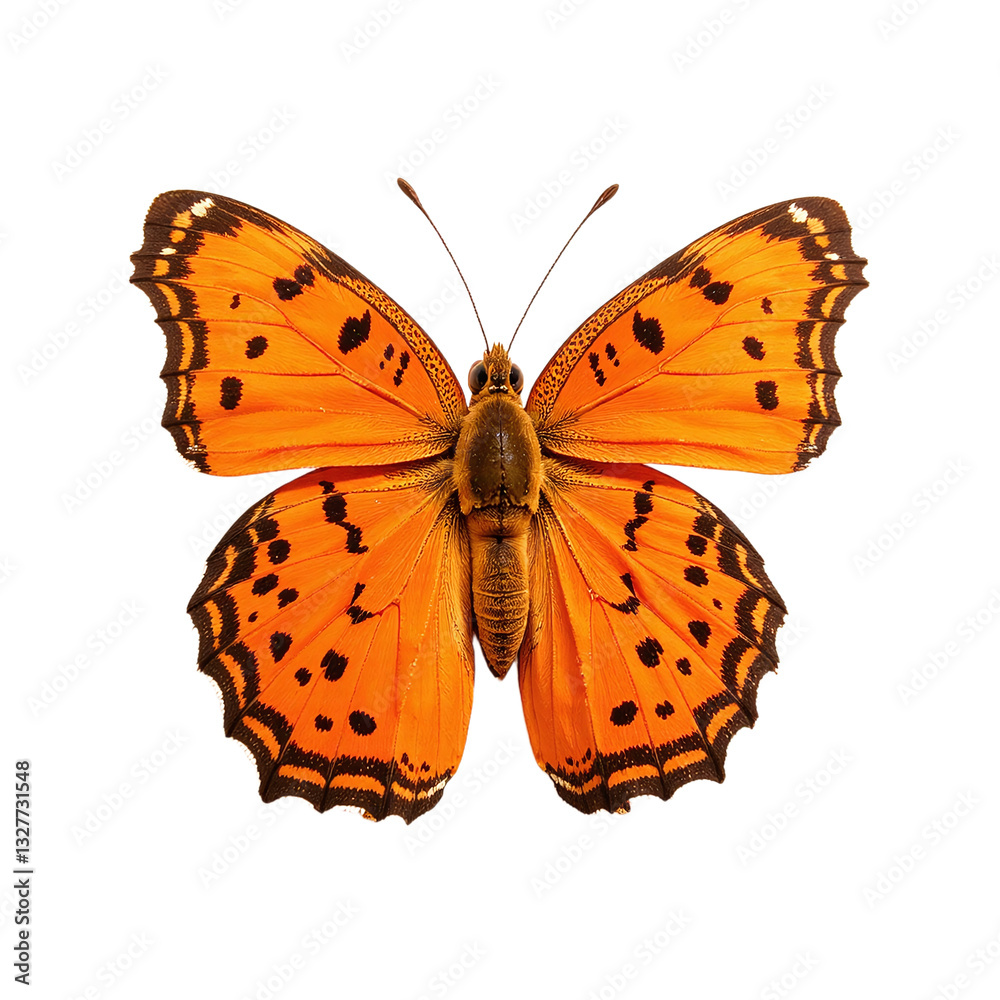 Fototapeta premium Close-up of a vibrant orange butterfly with black markings, isolated on a black background. Perfect for nature, wildlife, and entomology projects.