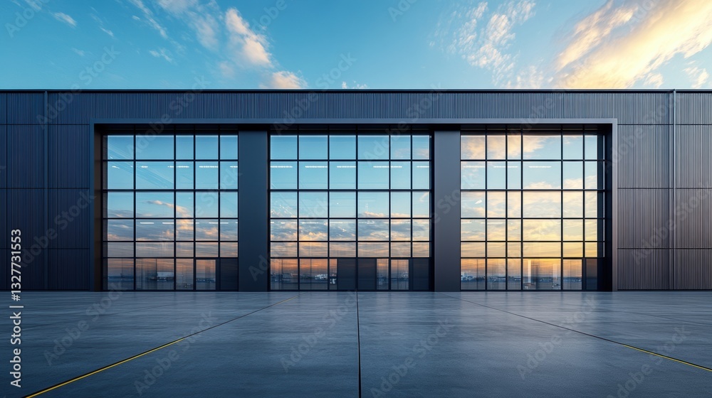 Fototapeta premium urban industrial architecture, urban building with metal cladding and large glass windows against city backdrop, with space for text