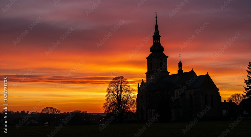 Fototapeta premium Church silhouette against vibrant orange sunset sky for religious websites, spiritual content, travel blogs, inspirational quotes and contemplative visual projects