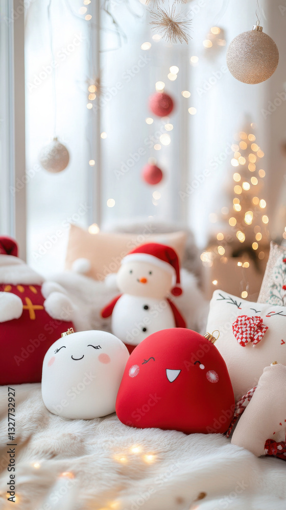 Festive holiday display with squishmallows and cozy winter decor Festive holiday display with squishmallows and cozy winter decor
