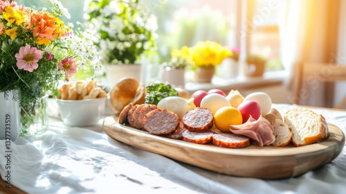 Festive polish easter sunday table setting with traditional foods and spring flowers