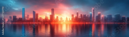 a stunning panoramic cityscape at sunset with a vibrant sky reflecting in the water, featuring towering buildings