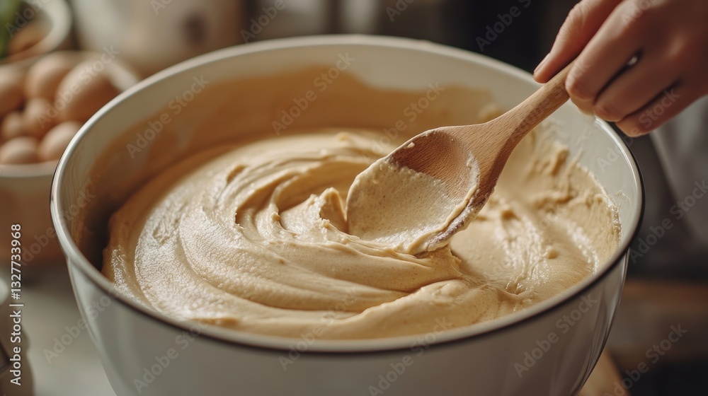 Fototapeta premium Mixing Batter with a Wooden Spoon in a Bowl for Baking