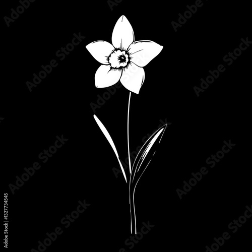 Black and white illustration, daffodil silhouette, minimalist floral design, bold graphic style, stylized narcissus flower, high contrast