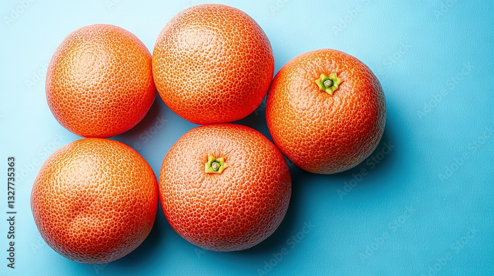 Four oranges arranged on a blue background with a central green mark Four oranges arranged on a blue background with a central green mark